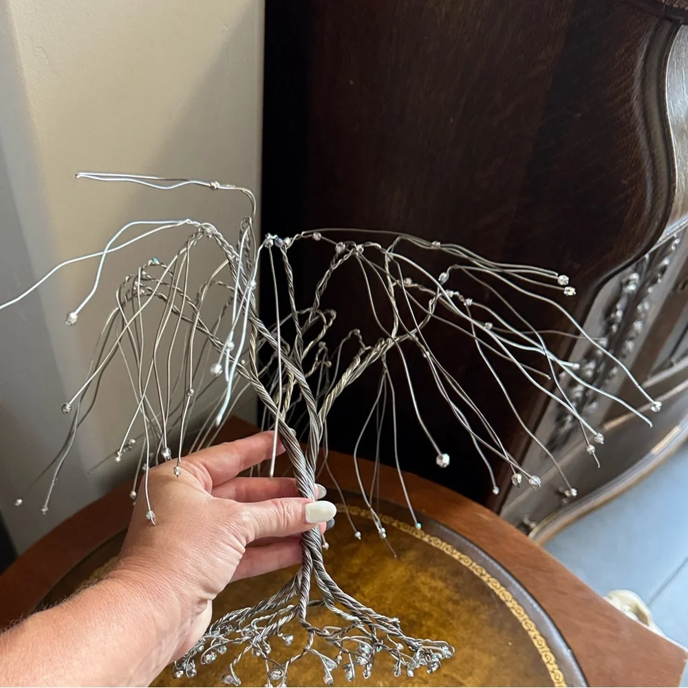 Silver Wire Tree Sculpture Beaded Weeping Willow Bonsai Tree Sculpture Cottage